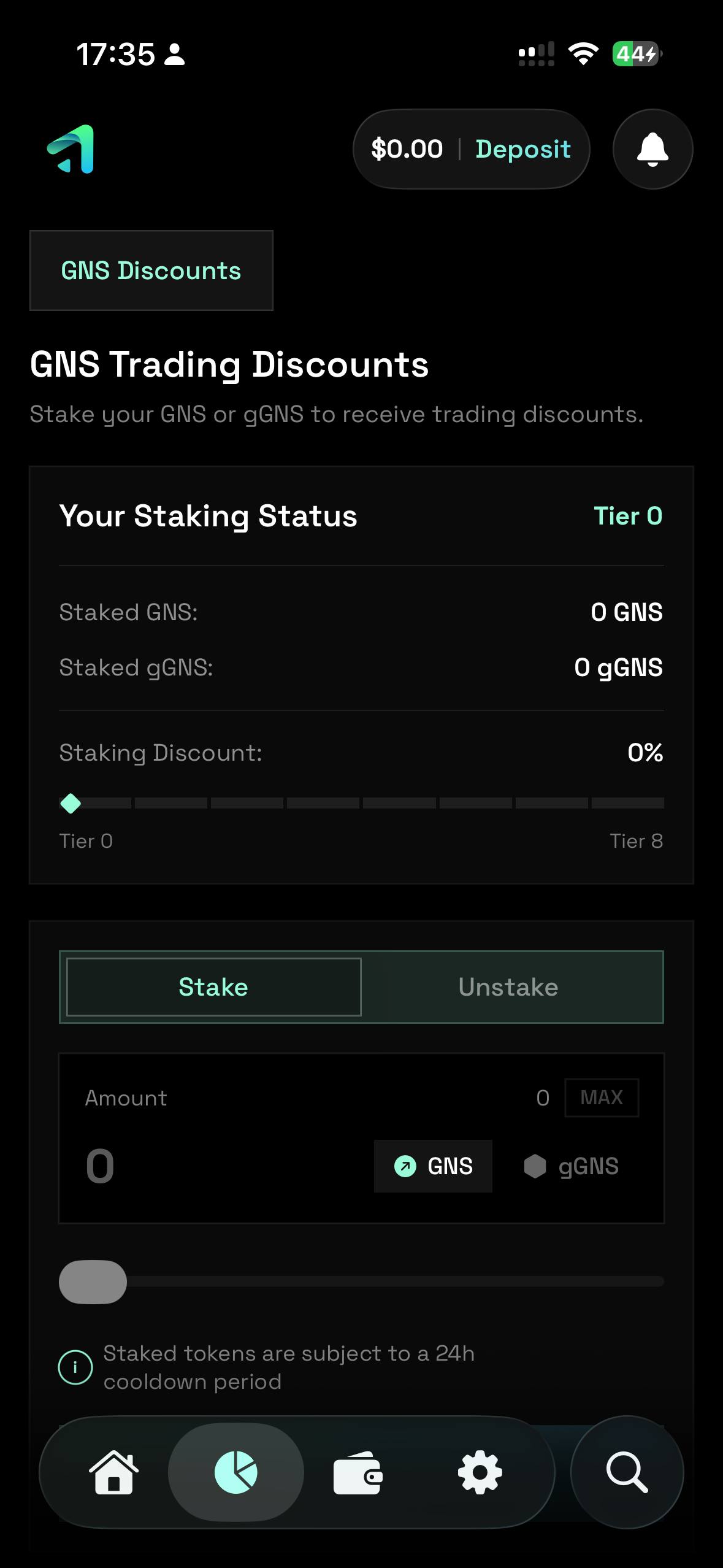 Gains mobile app showing staking